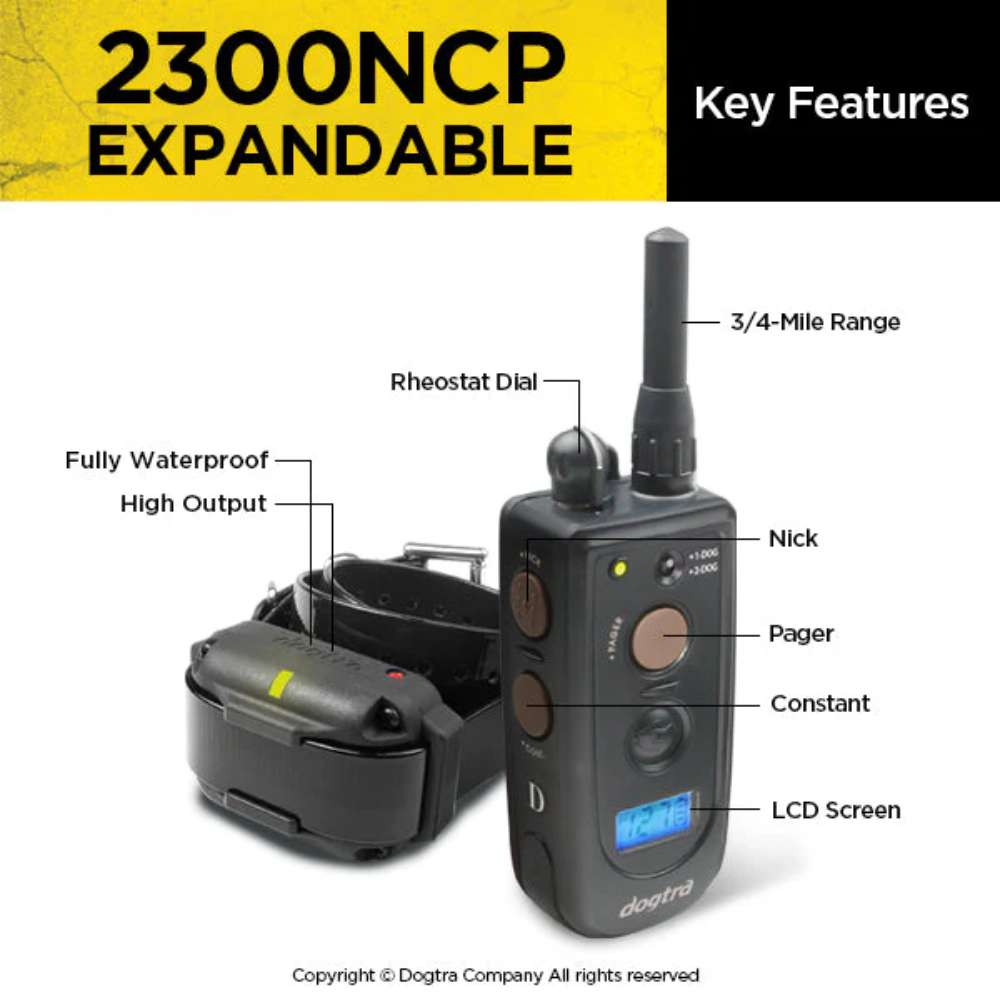 Labeled close-up shows Dogtra 2300NCP Expandable 3/4 Mile Dog Remote Trainer remote and collar with buttons, rheostat dial, and LCD screen