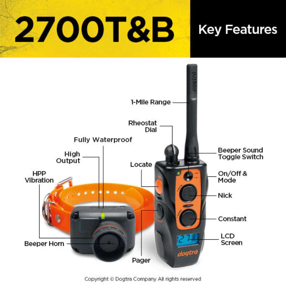 Labeled diagram of Dogtra 2700T&B Training and Beeper 1 Mile Dog Remote Trainer shows controls like the rheostat dial, LCD screen, and buttons for nick, constant, and beeper functions