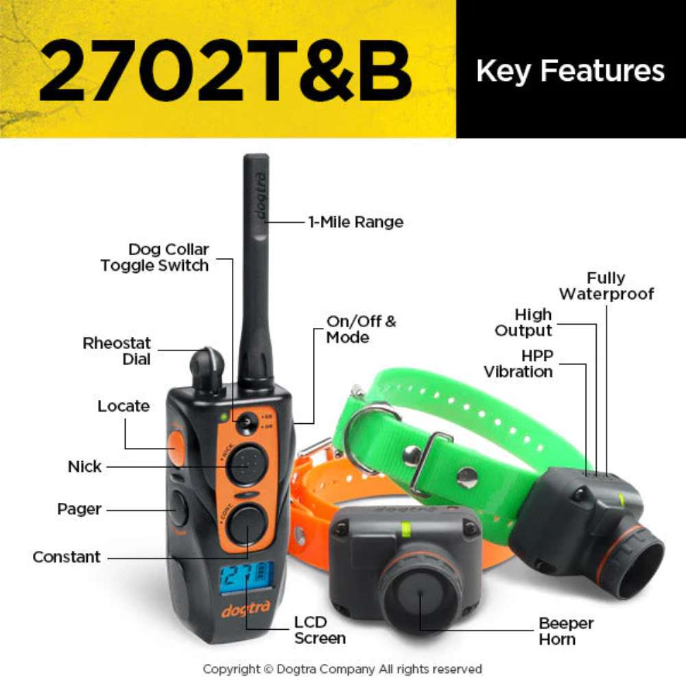 Labeled diagram of Dogtra 2702T&B Training and Beeper 1 Mile 2 Dog Remote Trainer highlights the remote buttons, LCD screen, antenna, and beeper collar parts