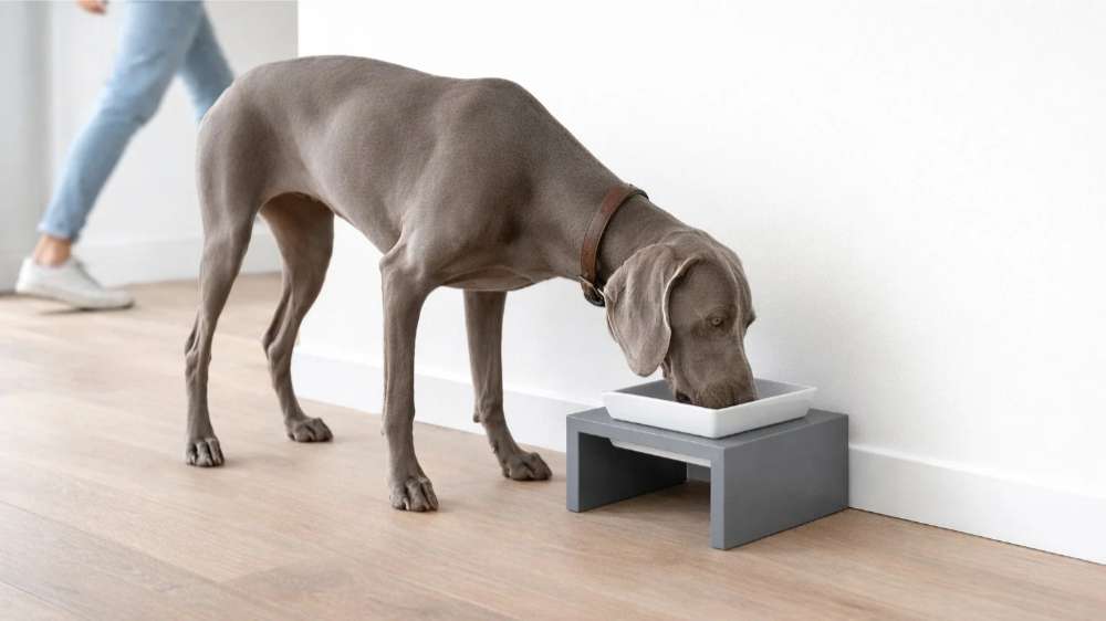 Large gray dog bends down comfortably to eat from a single raised bowl on Bowsers Moderno Wood Feeder placed against a wall