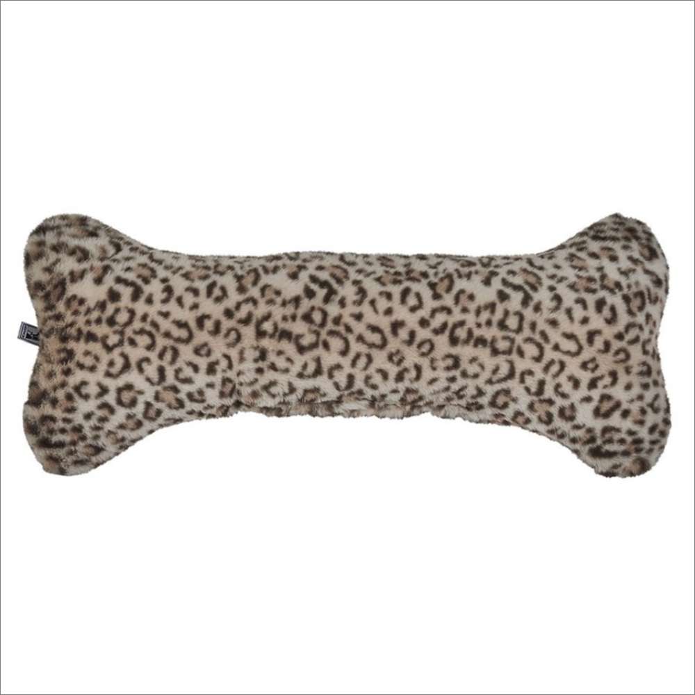 Leopard Bowsers Bumper Bone Pillow leopard print bone-shaped dog toy with a soft furry texture on a plain background