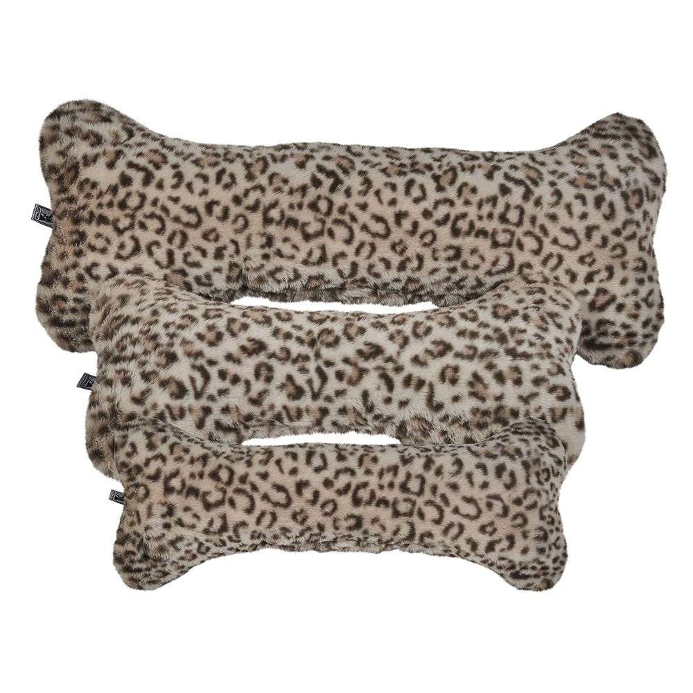 Leopard Bowsers Bumper Bone Pillow leopard print plush dog toys arranged together in three different sizes