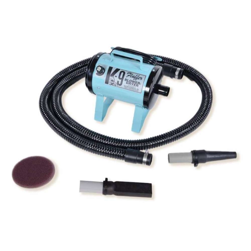Light Blue K-9 Fluffer Dryer with detachable grooming nozzles and a black hose is displayed for pet drying