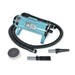 Light Blue K-9 I Dog Dryer with a black hose, circular filter, and nozzle attachments is presented on a white backdrop