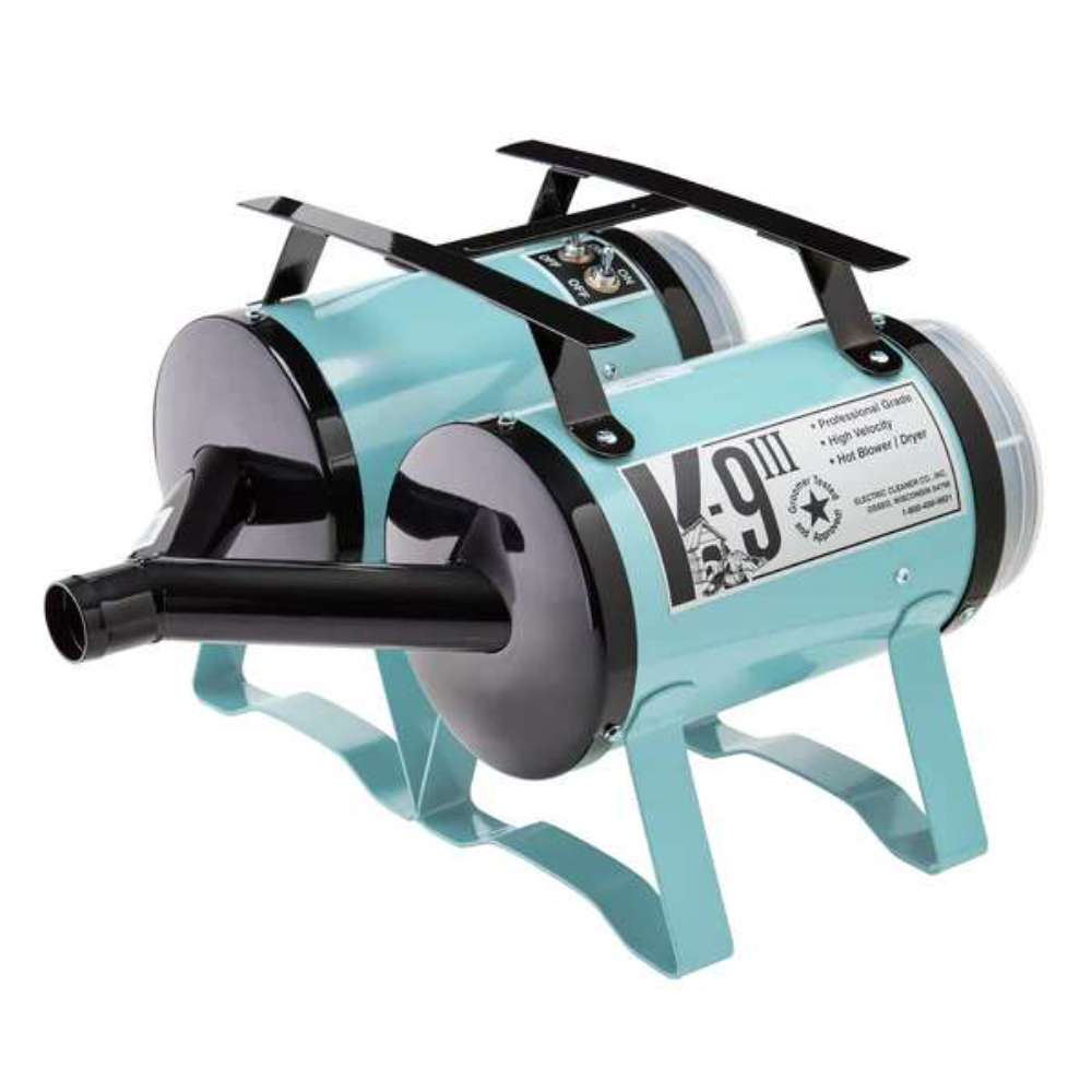 Light Blue K-9 III Dog Dryer features a front air nozzle, glossy metal body, and raised legs for portable pet grooming