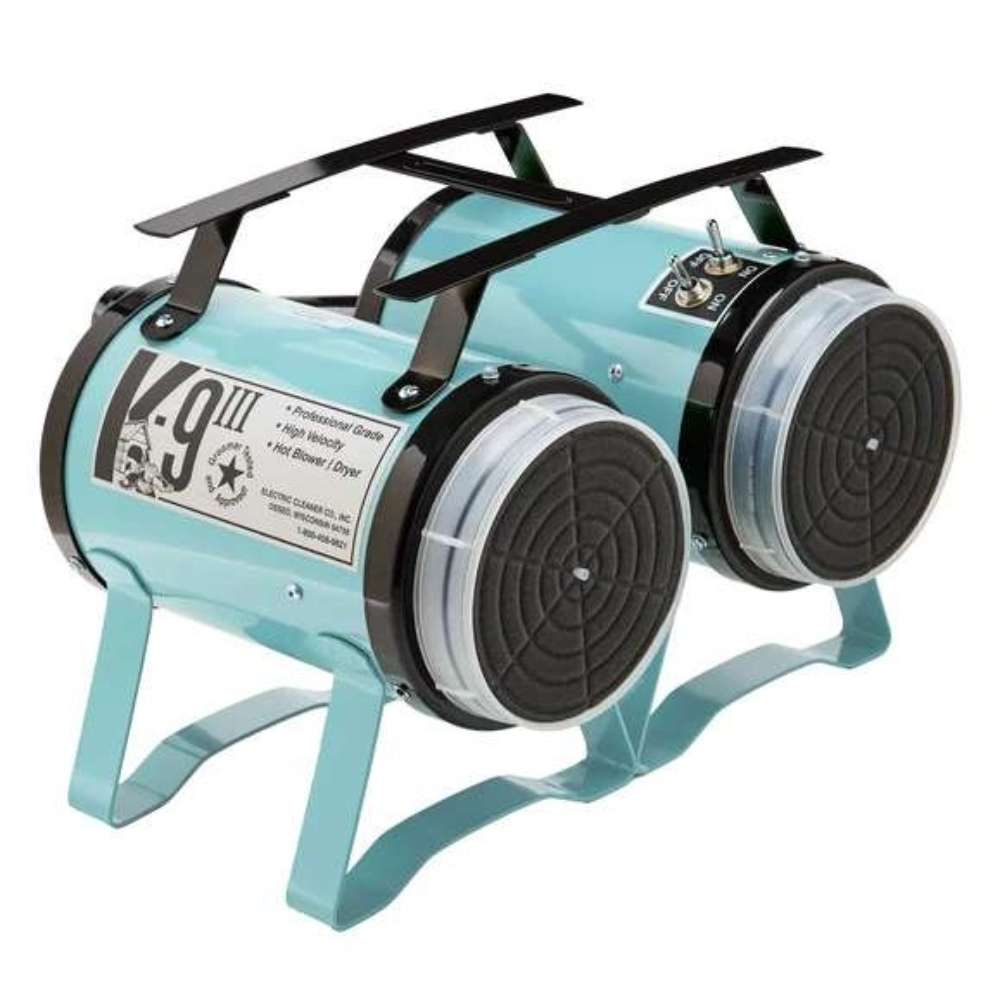 Light Blue K-9 III Dog Dryer has dual rear filters, black carrying handles, and a compact cylindrical design for high-velocity drying