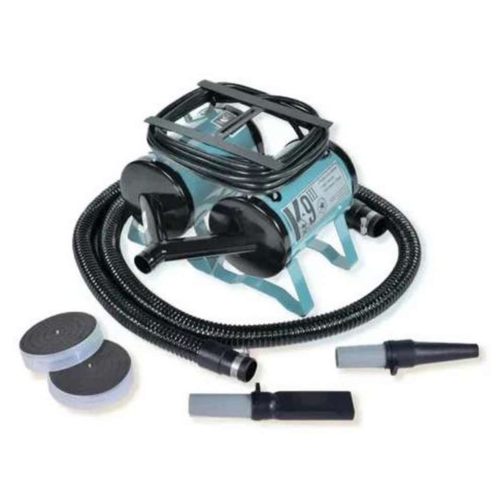 Light Blue K-9 III Dog Dryer with black hose attachments and grooming nozzles displayed on a white background