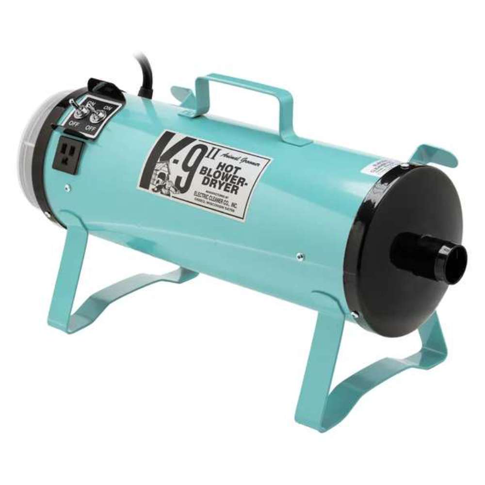 Light blue K-9 II Dog Dryer displays the rear air nozzle and durable frame built for pet grooming tasks