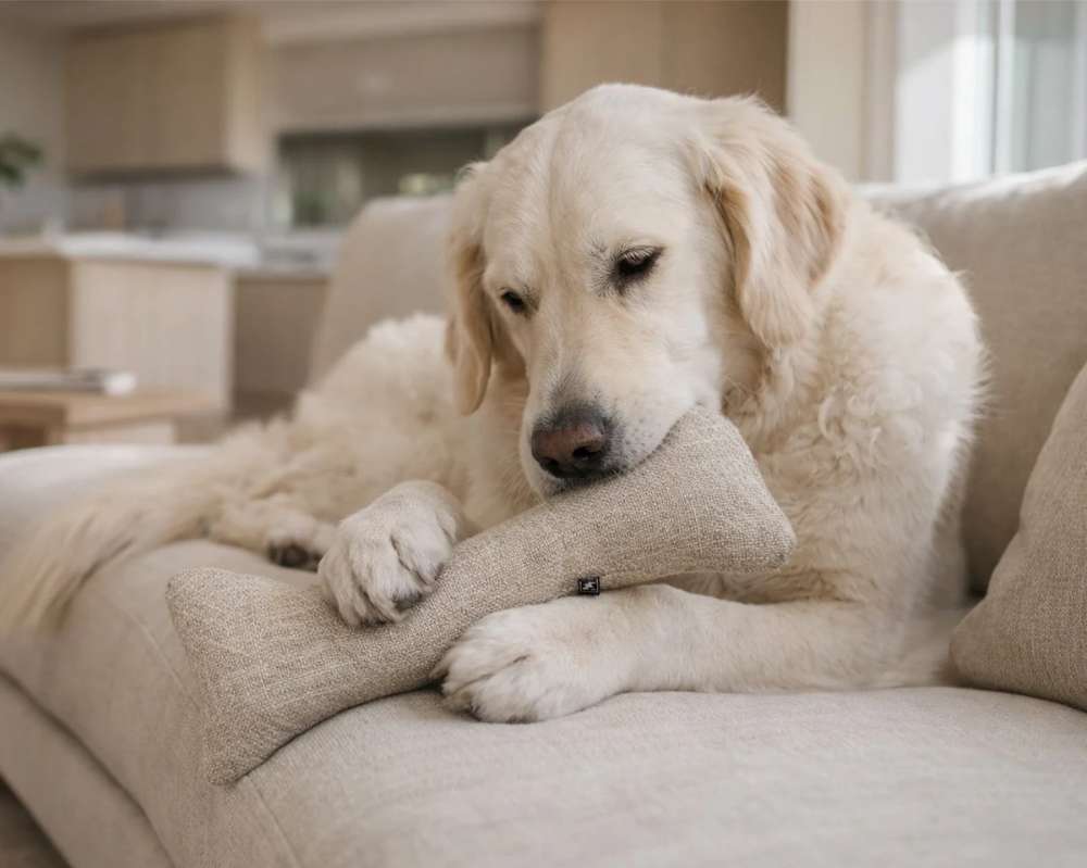 Light-colored dog relaxes on a couch while chewing on a beige Bowsers Bumper Bone Pillow toy between its paws
