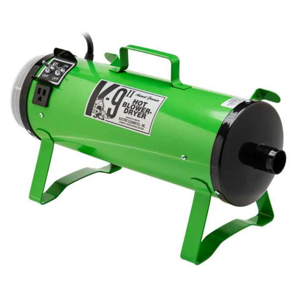 Lime Green K-9 II Dog Dryer shows the rear air outlet and durable cylindrical body designed for dog grooming