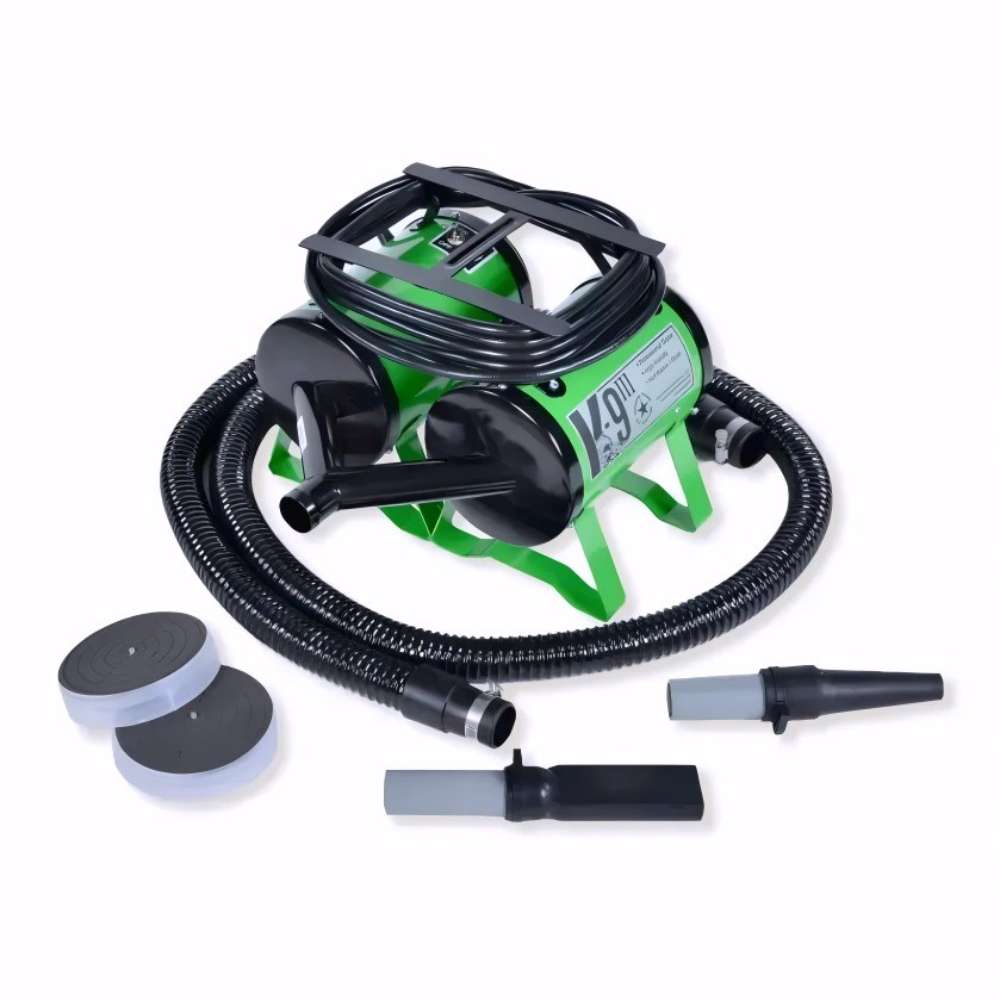 Lime Green K-9 III Dog Dryer comes with flexible hoses, nozzle attachments, and removable round filters for pet drying tasks