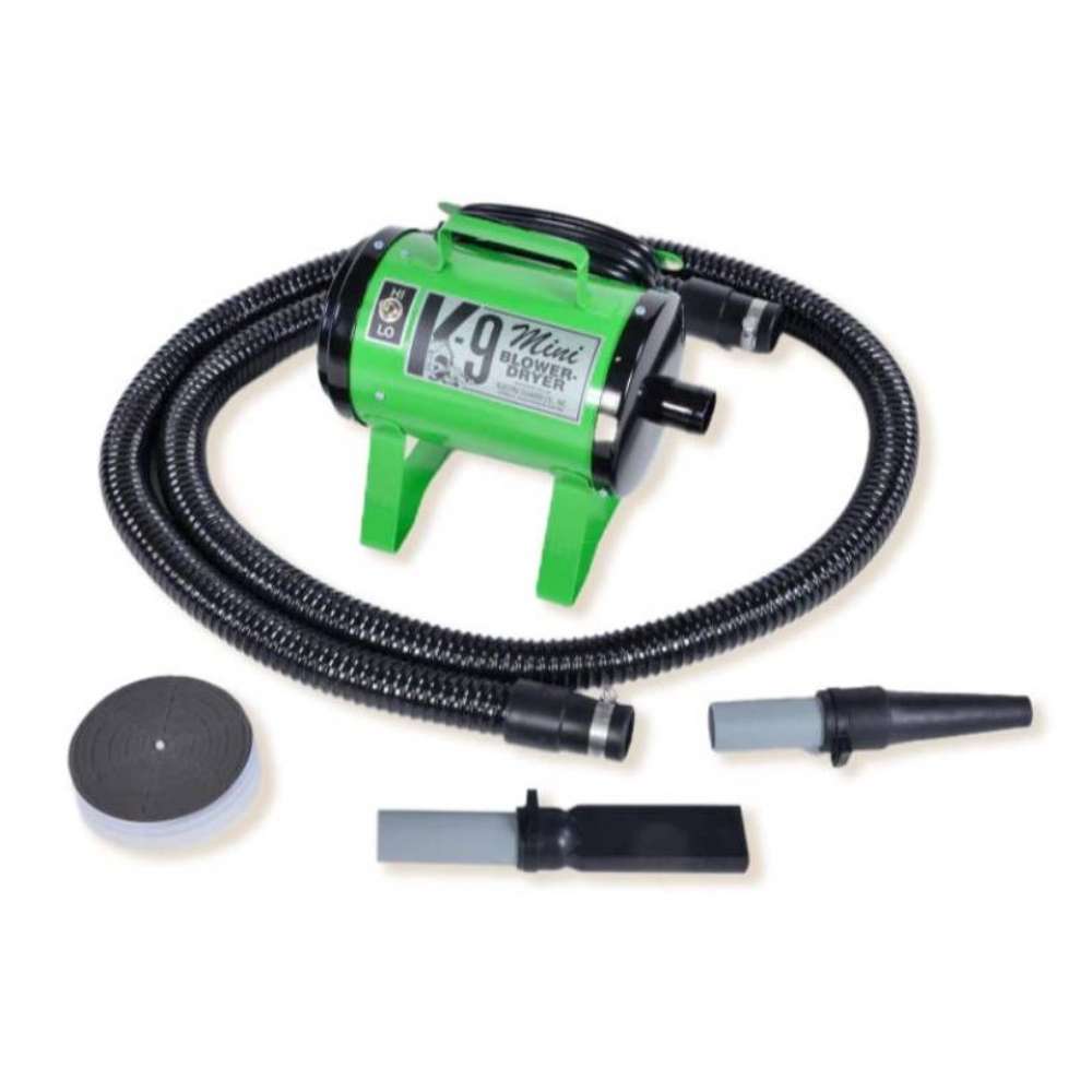 Lime Green K-9 Mini Dog Dryer is a vibrant portable pet dryer with a long hose and grooming nozzles for controlled airflow
