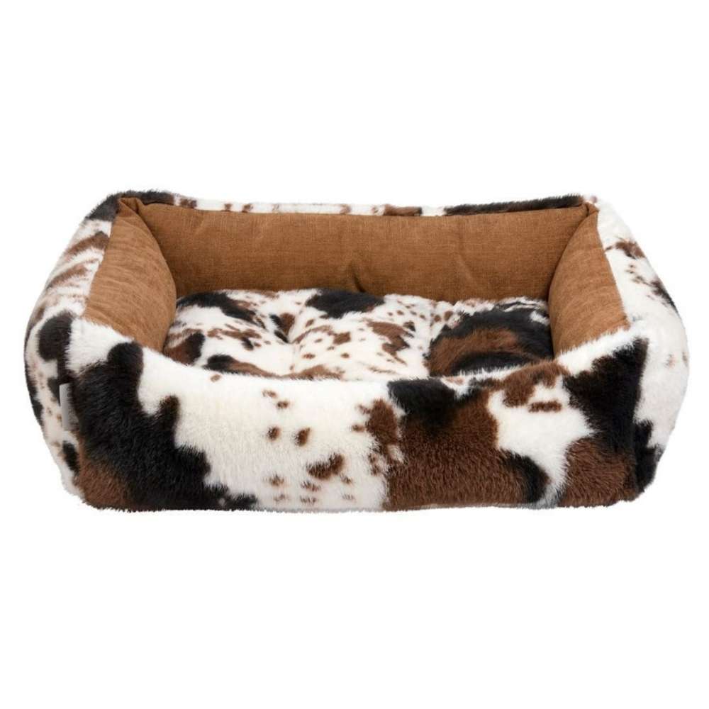 Longhorn Bowsers One Of A Kind Scoop Dog Bed showcases a cowhide-style pattern with soft, plush sides and a cushioned interior