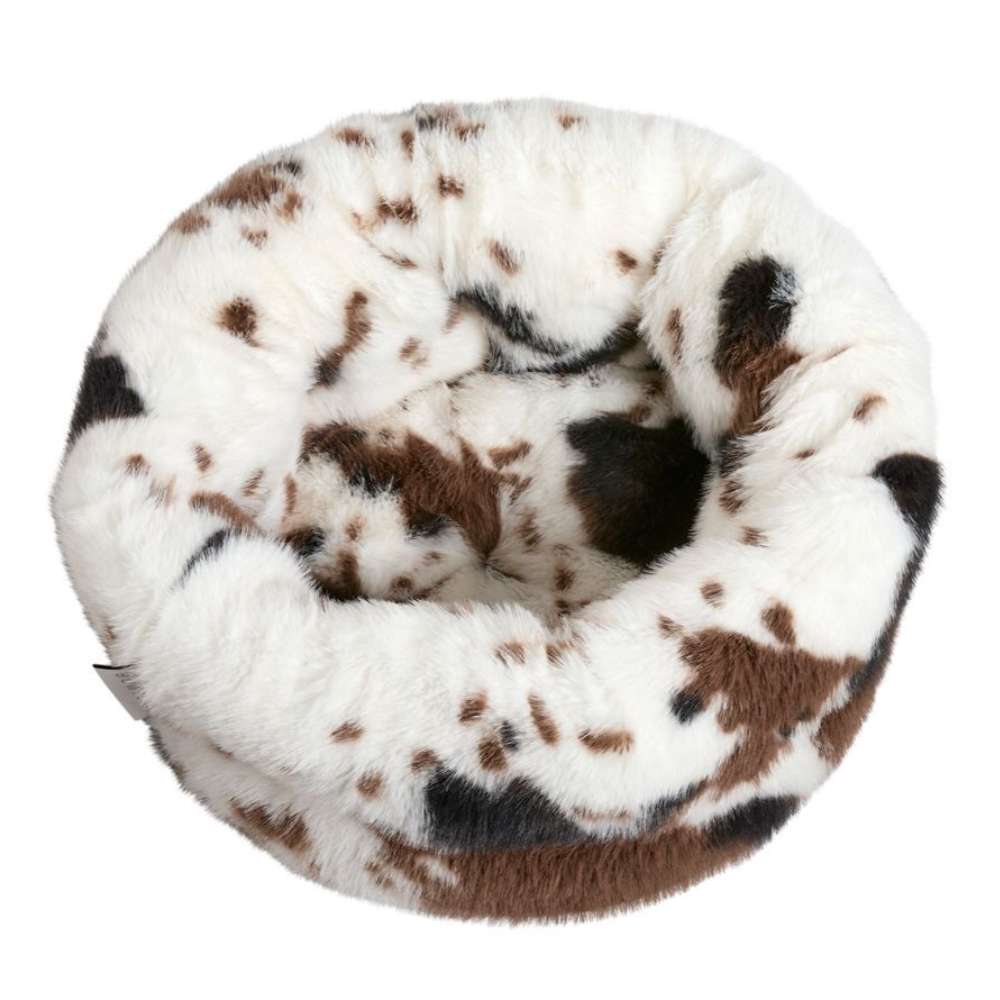 Longhorn Bowsers The Muffy Dog Bed shows the spotted design with a partially covered hood, creating a snug and sheltered resting spot