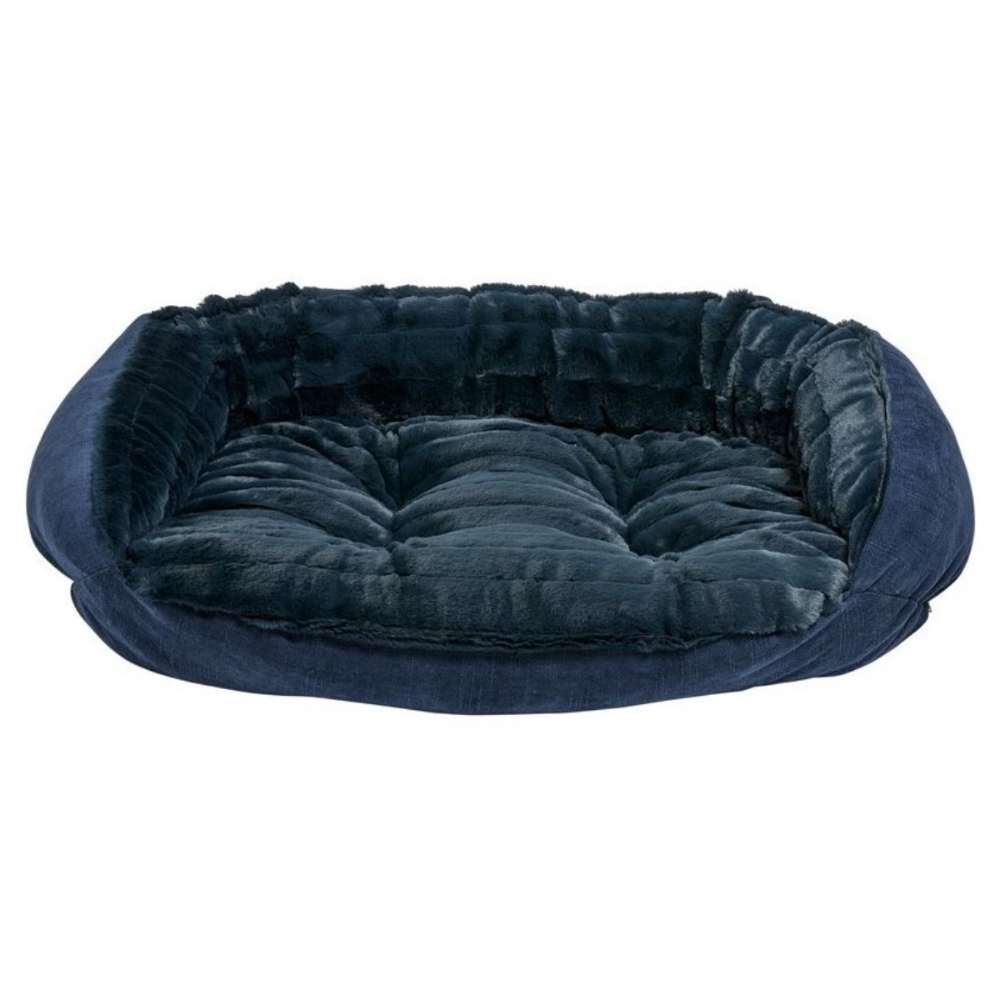 Majestic Blue Bowsers Crescent Reversible Dog Bed with deep navy plush fabric, tufted cushioning, and soft wraparound sides