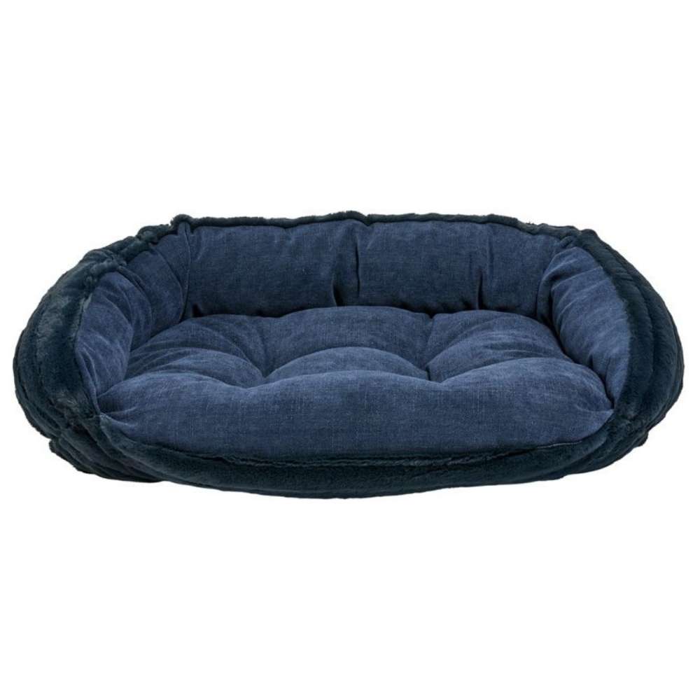 Majestic Blue Bowsers Crescent Reversible Dog Bed with rich blue fabric, plush sides, and thick tufted cushioning