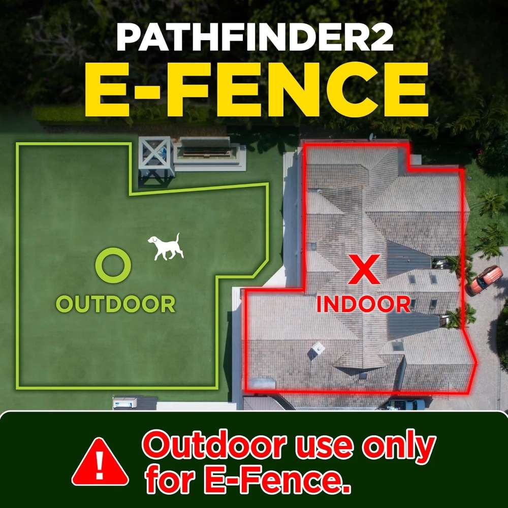 Map-style graphic shows a yard as safe and a house as restricted, explaining Dogtra GPS Pathfinder2 E-Collar 9 Mile Range e-fence is for outdoor use only