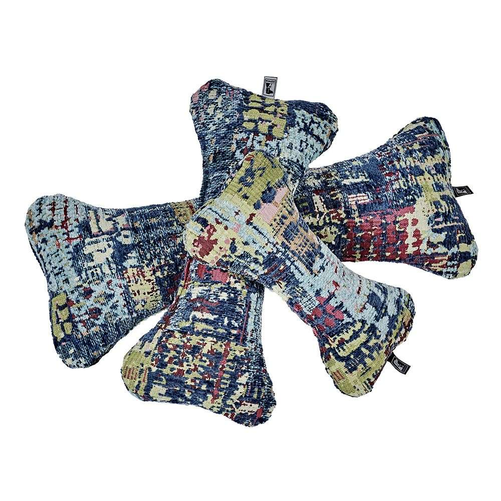 Mardi Gras Bowsers Bumper Bone Pillow colorful woven bone-shaped dog toys stacked together with a textured pattern