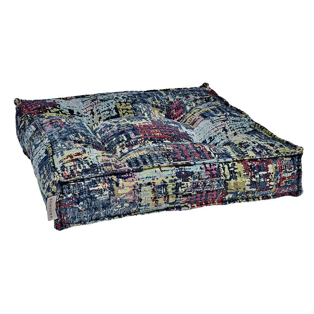 Mardi Gras Bowsers Piazza Dog Bed in colorful patchwork fabric features a vibrant tufted cushion with cushioned sides
