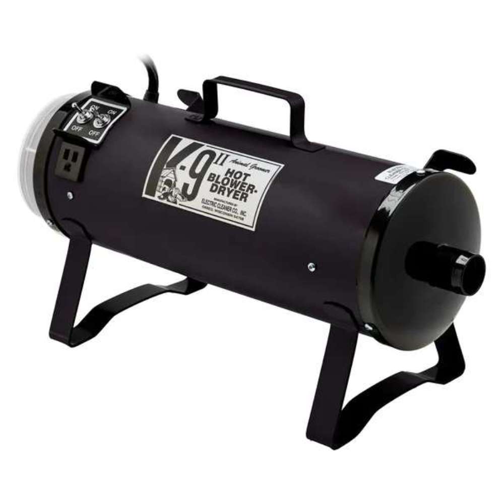 Matte Black K-9 II Dog Dryer is a sleek cylindrical pet dryer with a front filter, carry handle, and sturdy legs
