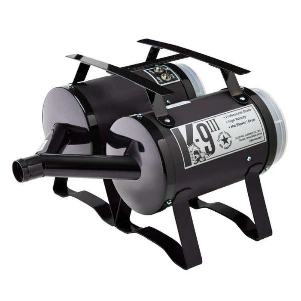 Matte Black K-9 III Dog Dryer features a sleek dark finish, front air nozzle, and sturdy raised legs for professional pet grooming