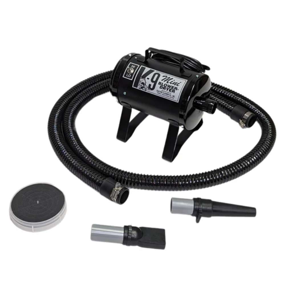 Matte Black K-9 Mini Dog Dryer is a sleek portable pet dryer with a black finish, flexible hose, and interchangeable grooming nozzles