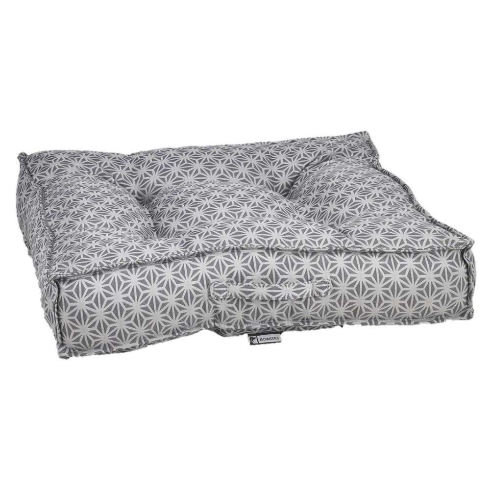 Mercury Bowsers Piazza Dog Bed in gray geometric patterned fabric provides a plush sleeping surface with supportive padded edges