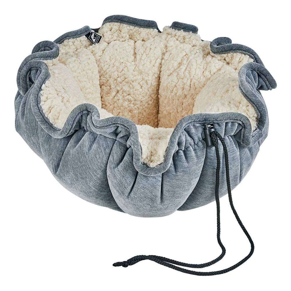 Mineral Bowsers Buttercup Dog Bed in denim-blue fabric with a cream sherpa lining and gathered circular sides