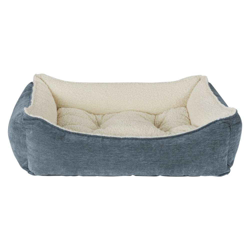 Mineral Bowsers One Of A Kind Scoop Dog Bed features a soft blue-gray outer fabric with a fluffy cream interior