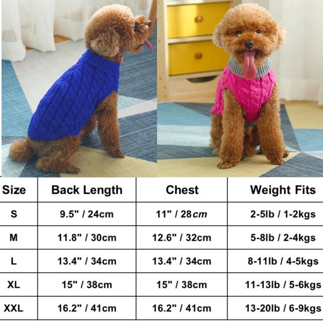 Mr. Peanut's Knitted Acrylic Dog Sweaters Sizing Guide
