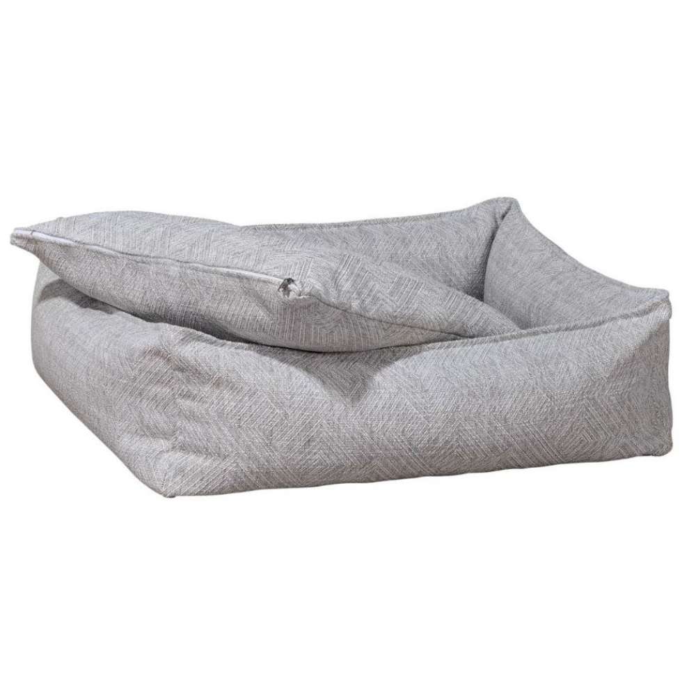 Natura Bowsers B Lounge Dog Bed in light gray with a removable cushion lifted to reveal the padded interior