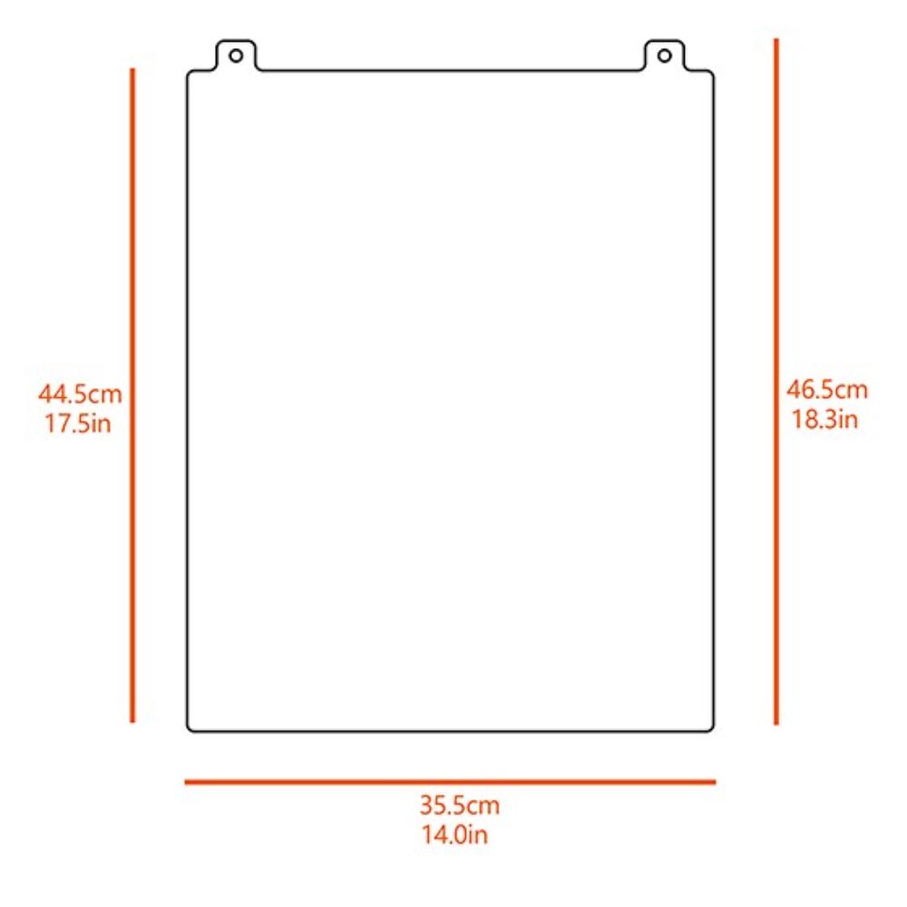 New Age Pet Vinyl Dog House Door Flap in Large size, displayed with measurements in centimeters and inches. The dog door flap is transparent, allowing easy access while providing weather-resistant protection.