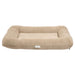 Oatmeal Bowsers Hugo Futon Dog Bed features a tan textured fabric with raised bolsters and a soft padded center