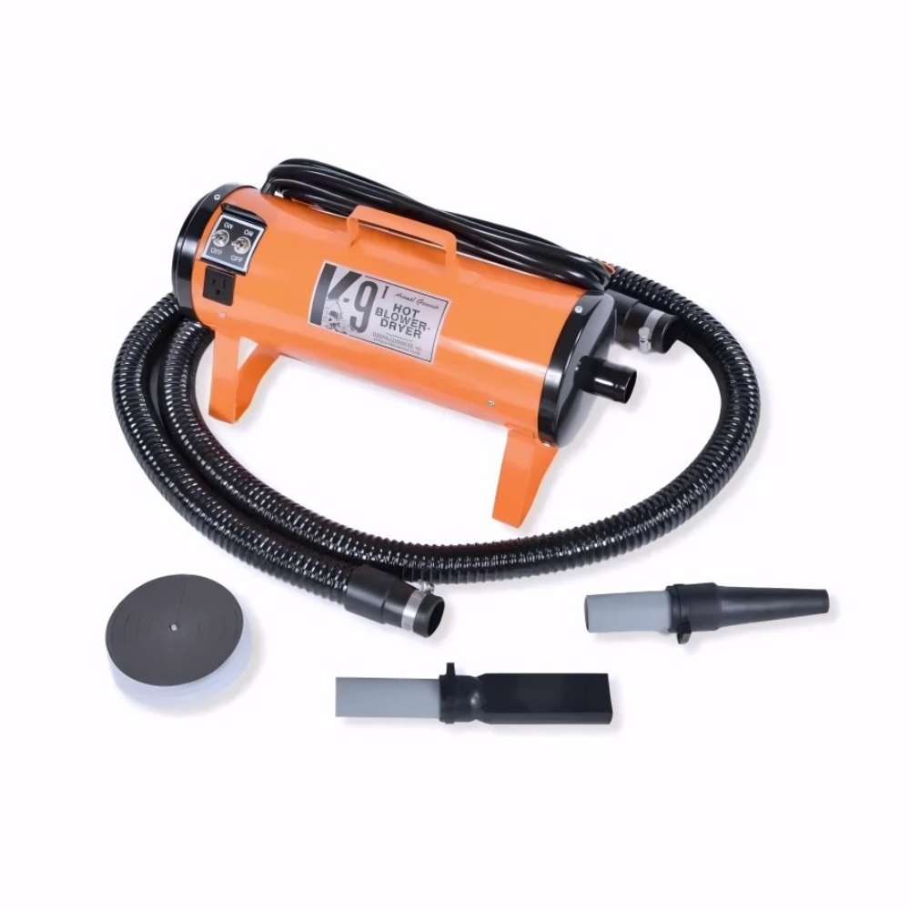 Orange K-9 I Dog Dryer with a black hose and two nozzle attachments is displayed on a clean white background
