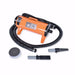Orange K-9 I Dog Dryer with a black hose and two nozzle attachments is displayed on a clean white background