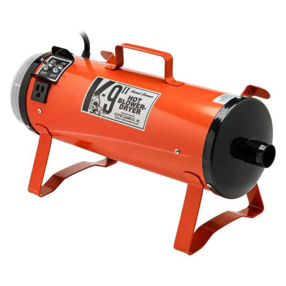 Orange K-9 II Dog Dryer features a bright orange metal body with a front air filter and elevated support legs