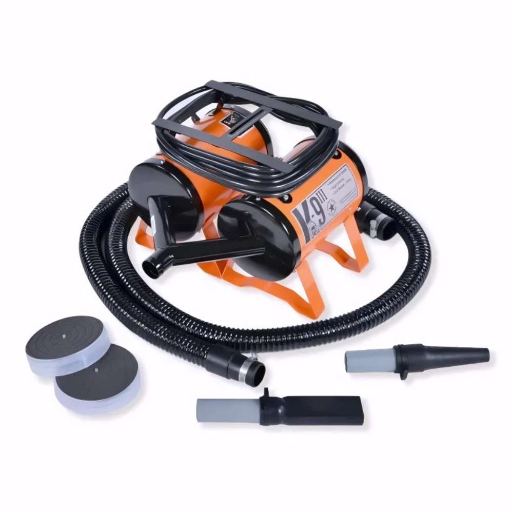 Orange K-9 III Dog Dryer comes with flexible hoses, nozzle attachments, and removable round filters for drying pets