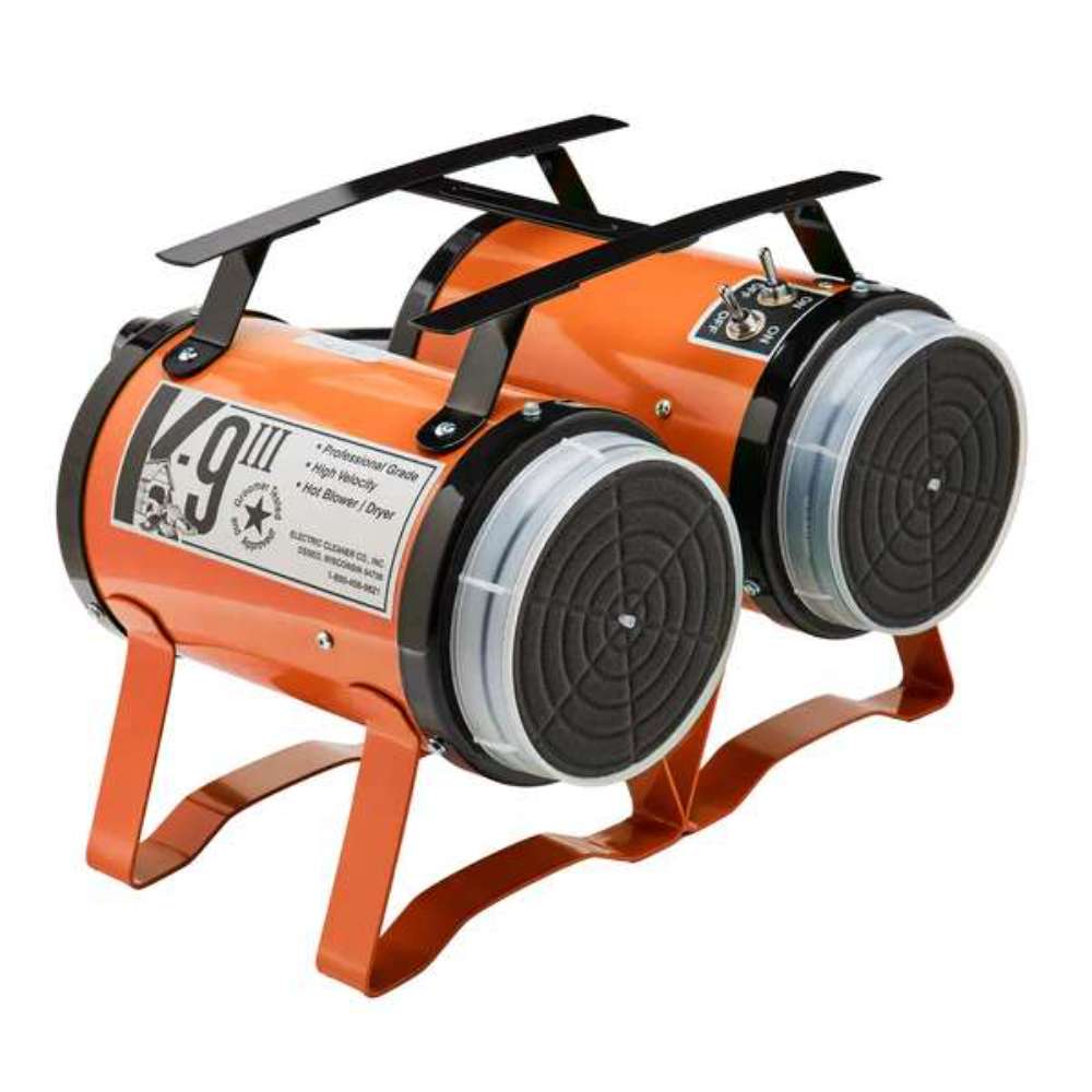 Orange K-9 III Dog Dryer displays a bright orange metal body with dual rear filters and elevated support legs