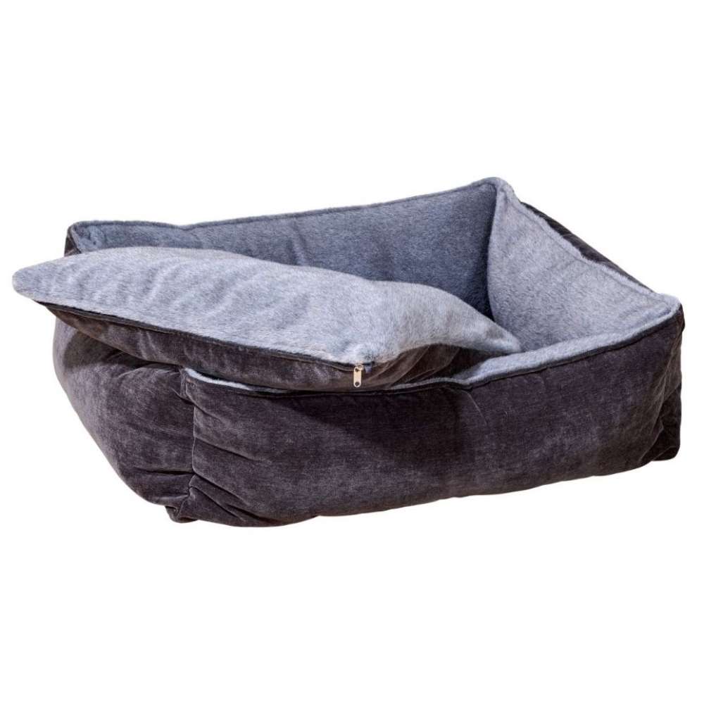 Otter Bowsers B Lounge Dog Bed in dark gray with a removable cushion partially lifted above the bed frame