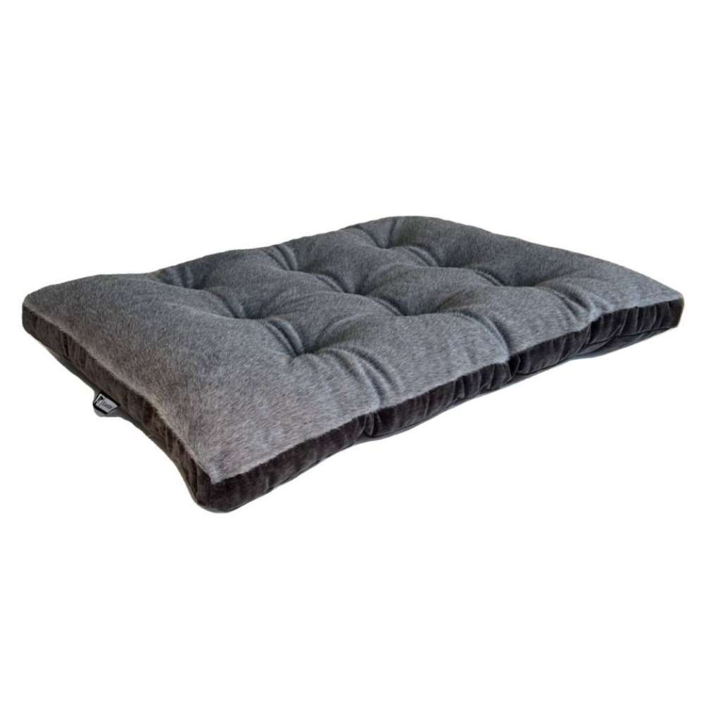Otter Bowsers Dream Futon Dog Bed in gray and brown fabric with a soft tufted surface