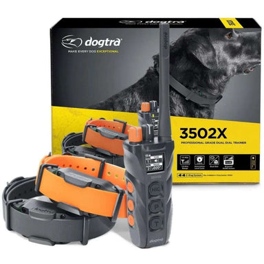 Packaging display of Dogtra 3502X Dual System 1.5 Mile 2 Dog Remote Trainer Expandable shows the box remote and two orange collars
