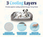 Paw PupChill™ Cooling Bolster Dog Bed's three cooling layers, showcasing its revolutionary cool-to-touch fabric, cooling gel woven into the dog bed's cover, and cooling gel memory foam layer