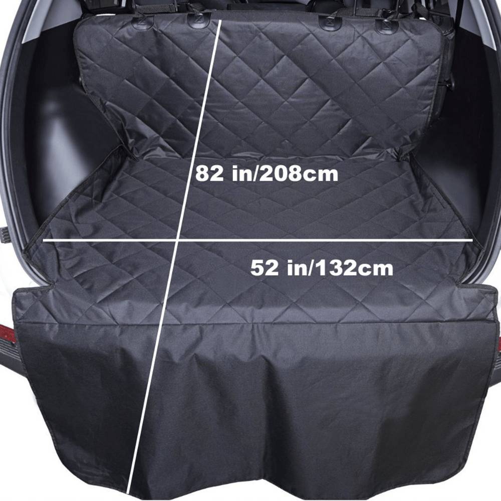 Paw PupProtector™ Cargo Cover Liner for SUVs and Cars installed in the back of a vehicle, highlighting its dimensions of 82 inches by 52 inches