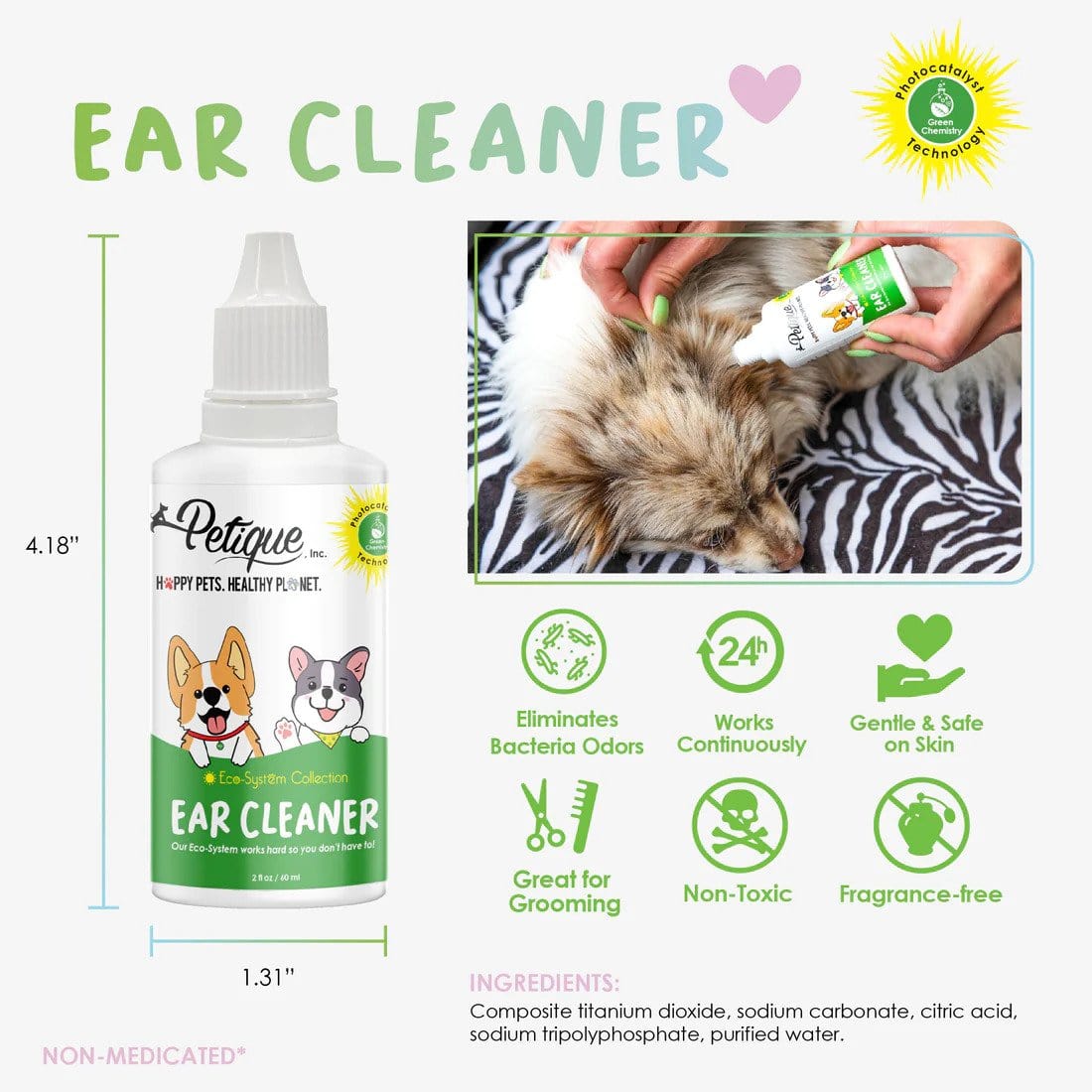 Petique Odor Eliminating Ear Cleaner with Photocatalyst Technology 2 oz Features
