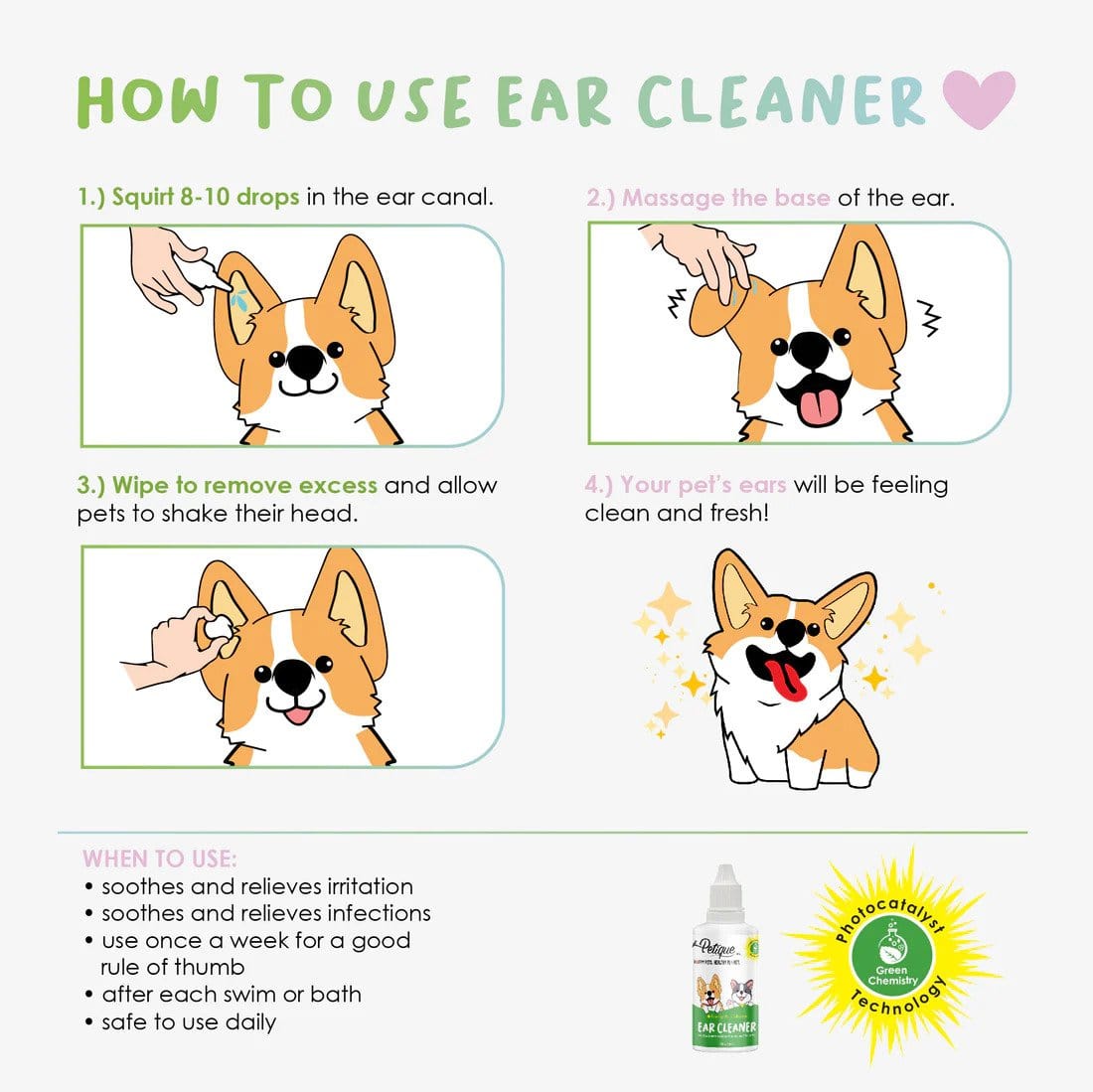 Petique Odor Eliminating Ear Cleaner with Photocatalyst Technology 2 oz How to use