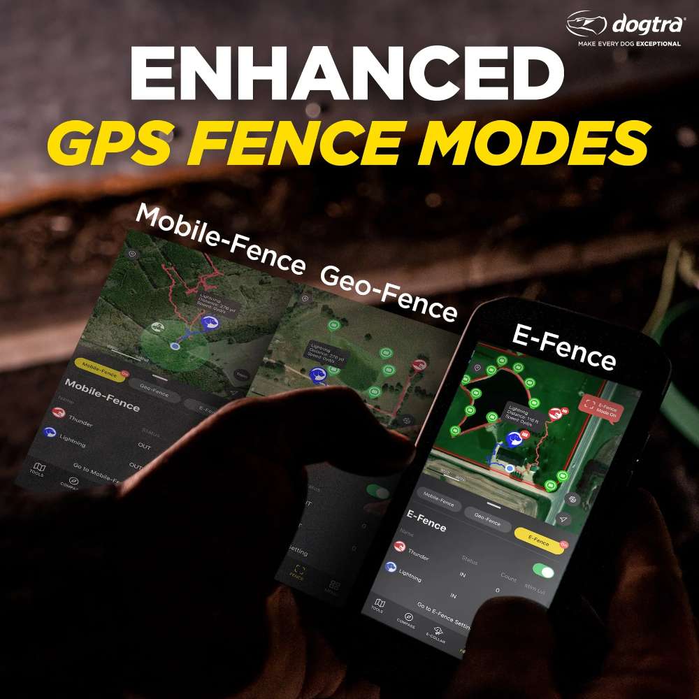 Phone screen shows different GPS fence modes like mobile, geo, and e-fence for Dogtra GPS Pathfinder2 E-Collar 9 Mile Range