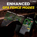 Phone screen shows different GPS fence modes like mobile, geo, and e-fence for Dogtra GPS Pathfinder2 E-Collar 9 Mile Range