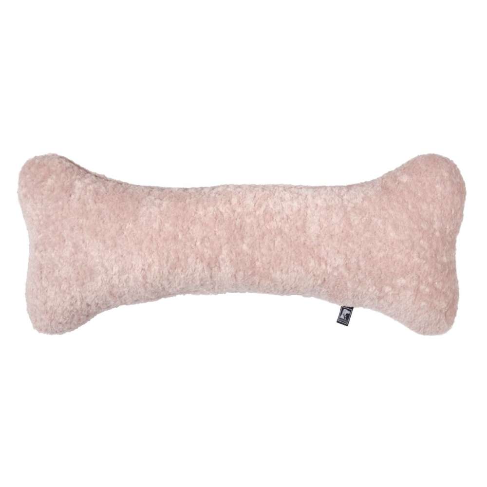 Pink Champagne Bowsers Bumper Bone Pillow light pink fuzzy bone-shaped dog toy displayed horizontally on a plain background