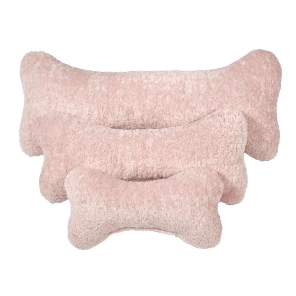 Pink Champagne Bowsers Bumper Bone Pillow soft pink plush bone dog toys arranged together in three different sizes