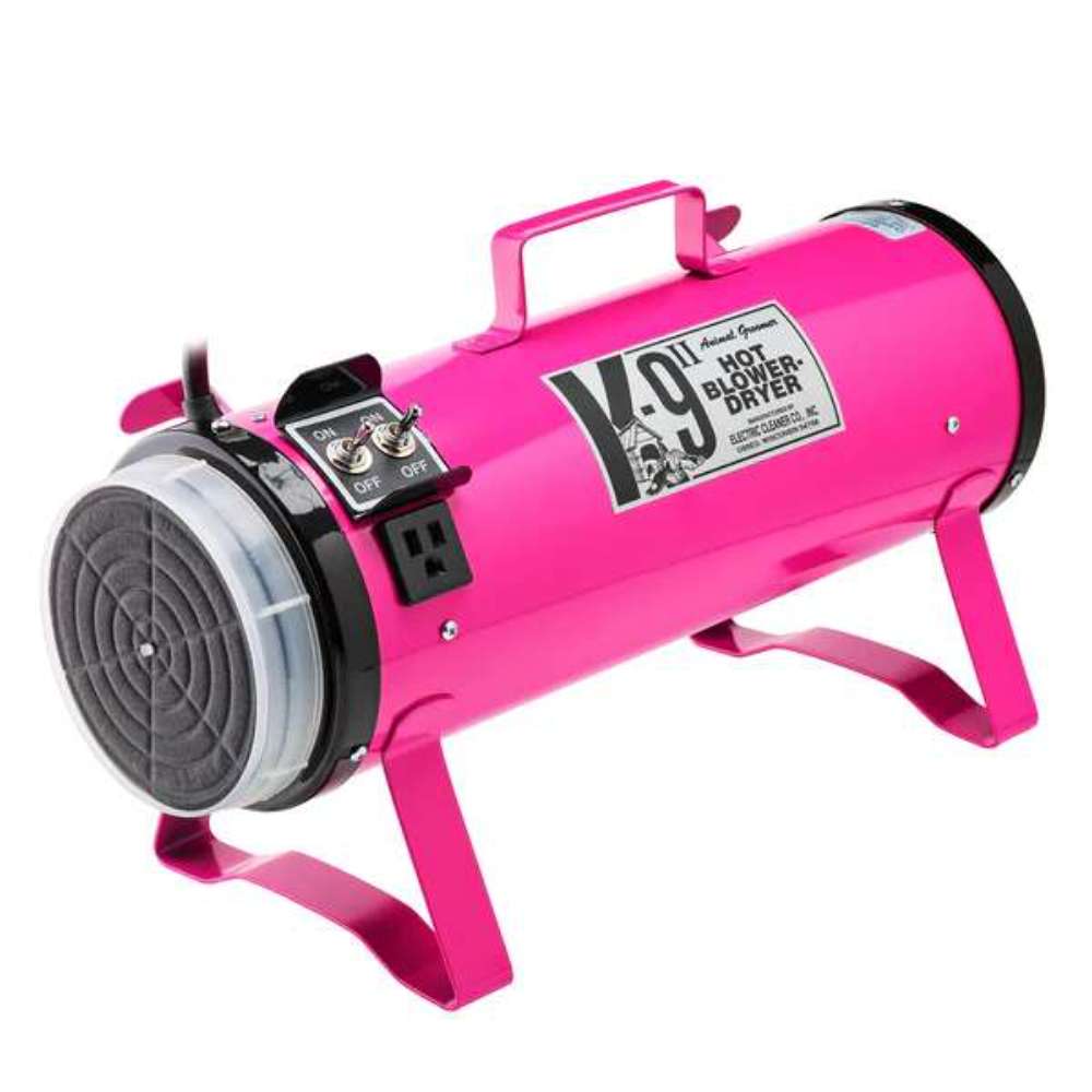 Pink K-9 II Dog Dryer shows the rear air outlet and durable cylindrical body designed for dog grooming